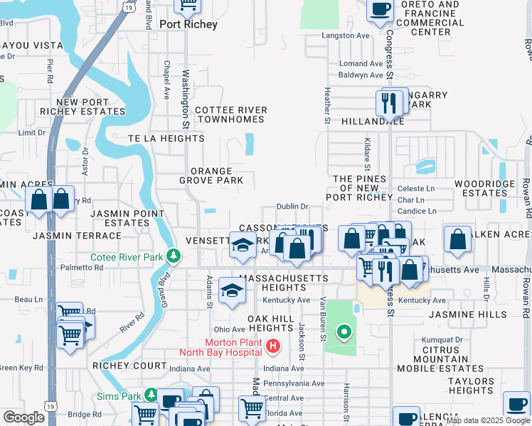 map of restaurants, bars, coffee shops, grocery stores, and more near 7202 Adare Drive in New Port Richey