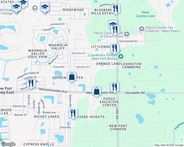 map of restaurants, bars, coffee shops, grocery stores, and more near 7150 Peggymac Lane in New Port Richey