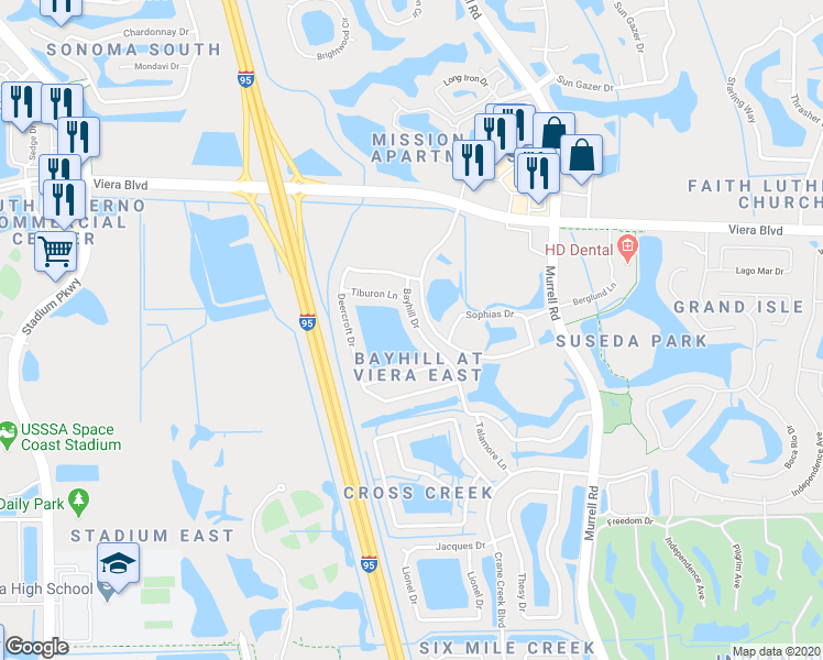 map of restaurants, bars, coffee shops, grocery stores, and more near 2415 Bayhill Drive in Melbourne