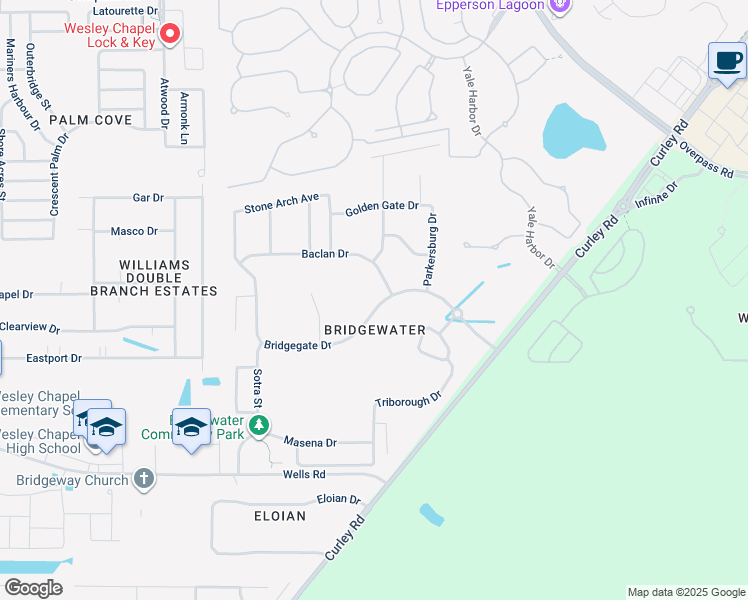map of restaurants, bars, coffee shops, grocery stores, and more near 31307 Bridgegate Drive in Wesley Chapel