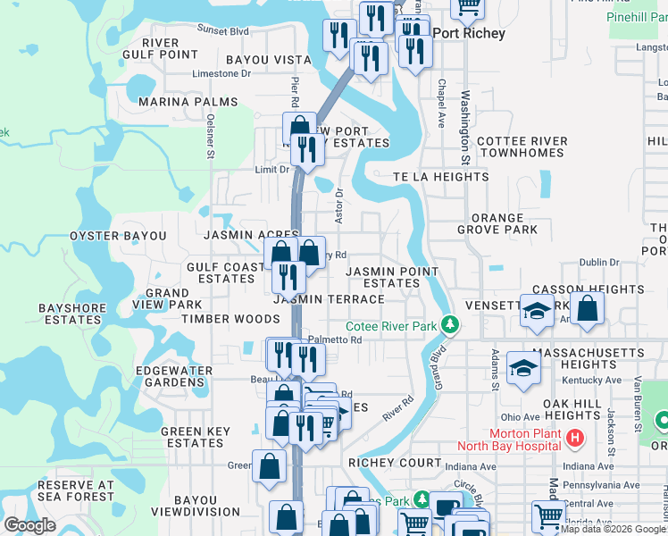 map of restaurants, bars, coffee shops, grocery stores, and more near 7204 Astor Drive in New Port Richey