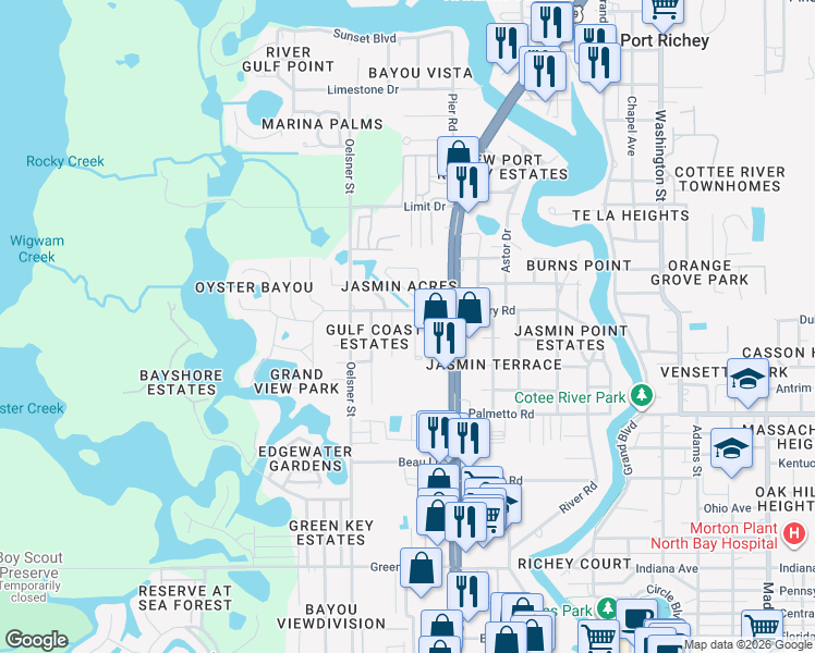 map of restaurants, bars, coffee shops, grocery stores, and more near 7149 Wedgewood Drive in New Port Richey