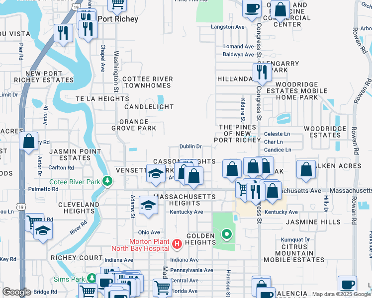 map of restaurants, bars, coffee shops, grocery stores, and more near 6108 Dublin Drive in New Port Richey