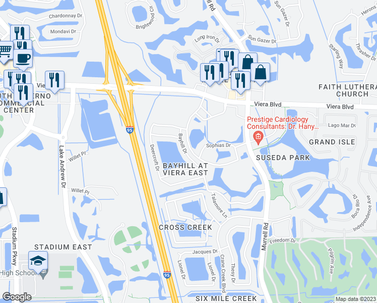 map of restaurants, bars, coffee shops, grocery stores, and more near 2404 Bayhill Drive in Melbourne