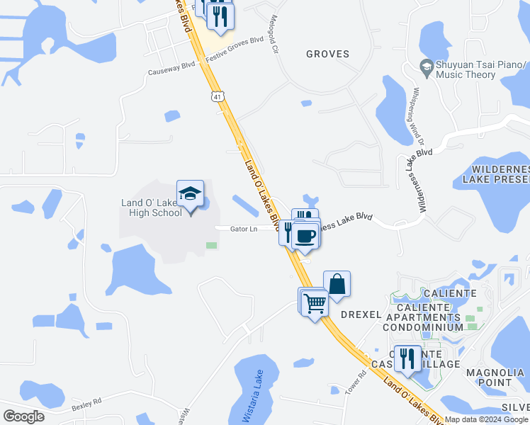 map of restaurants, bars, coffee shops, grocery stores, and more near 7227 Land O' Lakes Boulevard in Land O' Lakes