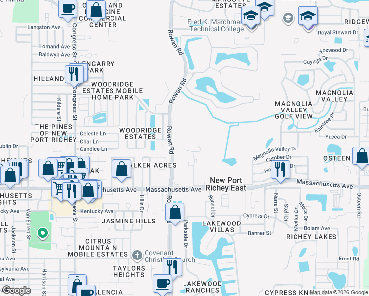 map of restaurants, bars, coffee shops, grocery stores, and more near 7024 Paul Revere Terrace in New Port Richey