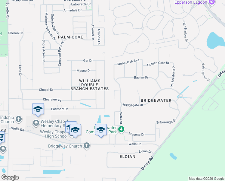 map of restaurants, bars, coffee shops, grocery stores, and more near 7153 Royal George Court in Wesley Chapel