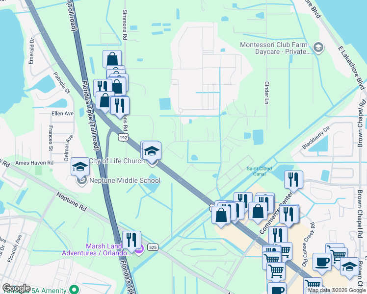 map of restaurants, bars, coffee shops, grocery stores, and more near 2926 Big Sky Boulevard in Kissimmee