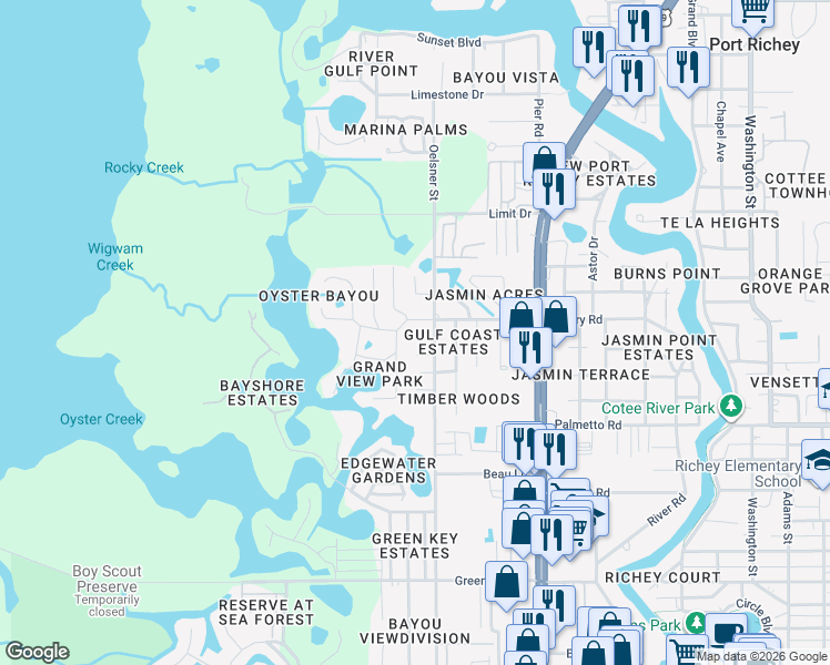map of restaurants, bars, coffee shops, grocery stores, and more near 4934 Amherst Court in Port Richey