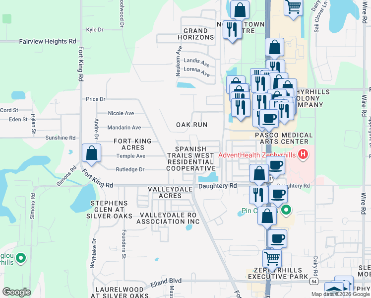 map of restaurants, bars, coffee shops, grocery stores, and more near 7130 Naranja Street in Zephyrhills