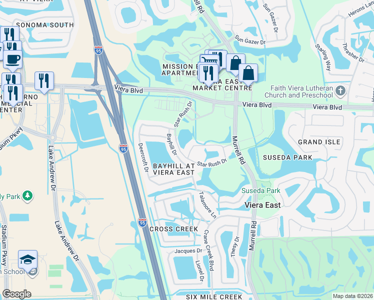map of restaurants, bars, coffee shops, grocery stores, and more near 1776 Sophias Drive in Melbourne