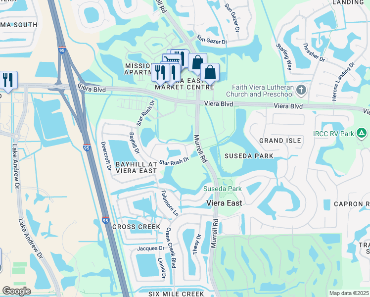 map of restaurants, bars, coffee shops, grocery stores, and more near 5693 Star Rush Drive in Melbourne