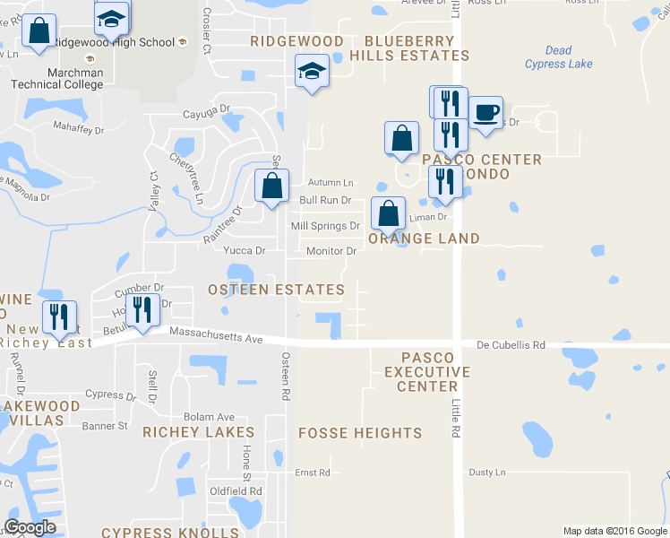 map of restaurants, bars, coffee shops, grocery stores, and more near 7224 Osteen Road in New Port Richey