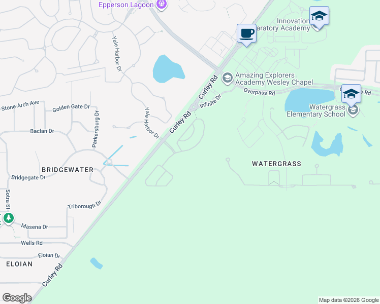 map of restaurants, bars, coffee shops, grocery stores, and more near 7200 Bridgeview Drive in Wesley Chapel