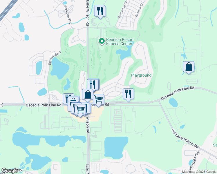 map of restaurants, bars, coffee shops, grocery stores, and more near 7430 Excitement Drive in Kissimmee