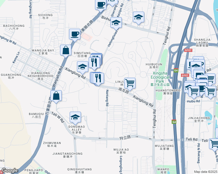 map of restaurants, bars, coffee shops, grocery stores, and more near Xiang Long Lu in Chang Sha Shi