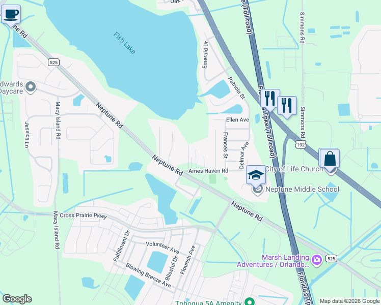 map of restaurants, bars, coffee shops, grocery stores, and more near 2591 Ames Haven Road in Kissimmee