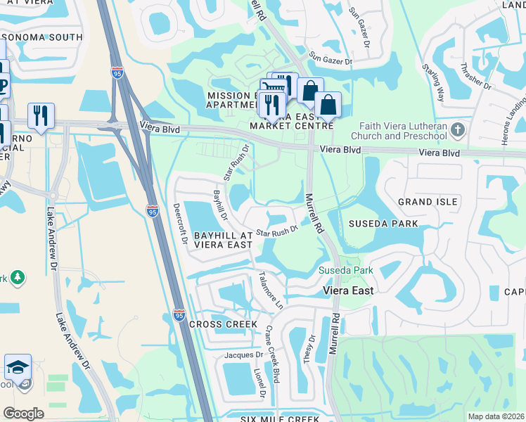 map of restaurants, bars, coffee shops, grocery stores, and more near 5692 Star Rush Drive in Melbourne