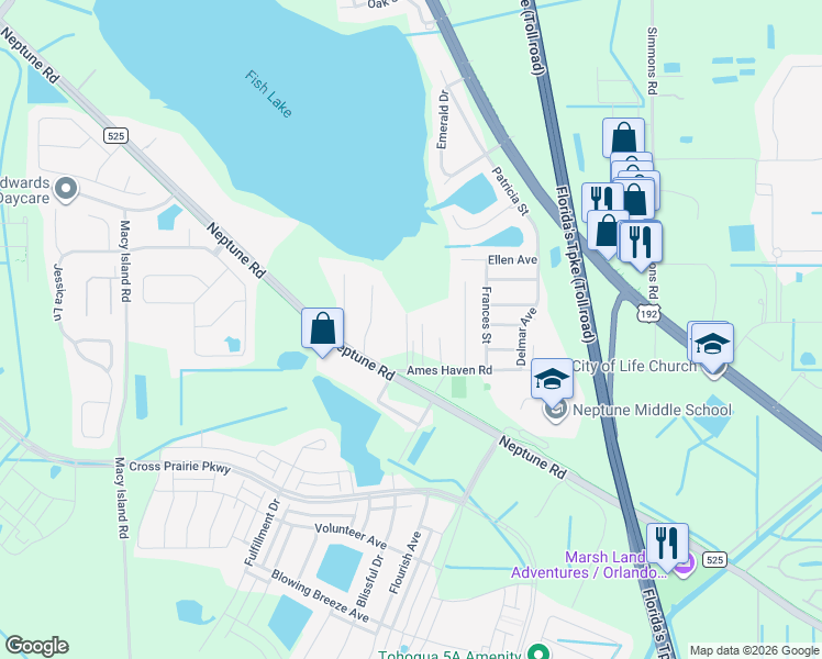 map of restaurants, bars, coffee shops, grocery stores, and more near 2591 Ames Haven Road in Kissimmee