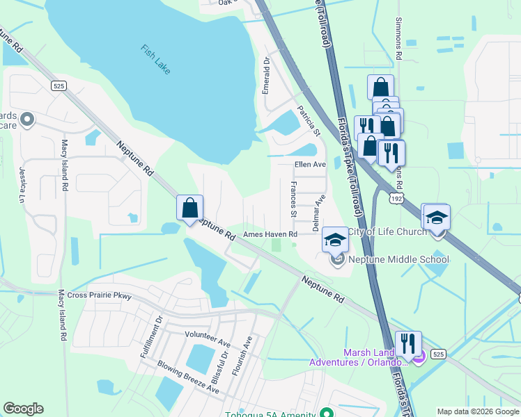 map of restaurants, bars, coffee shops, grocery stores, and more near 2591 Ames Haven Road in Kissimmee
