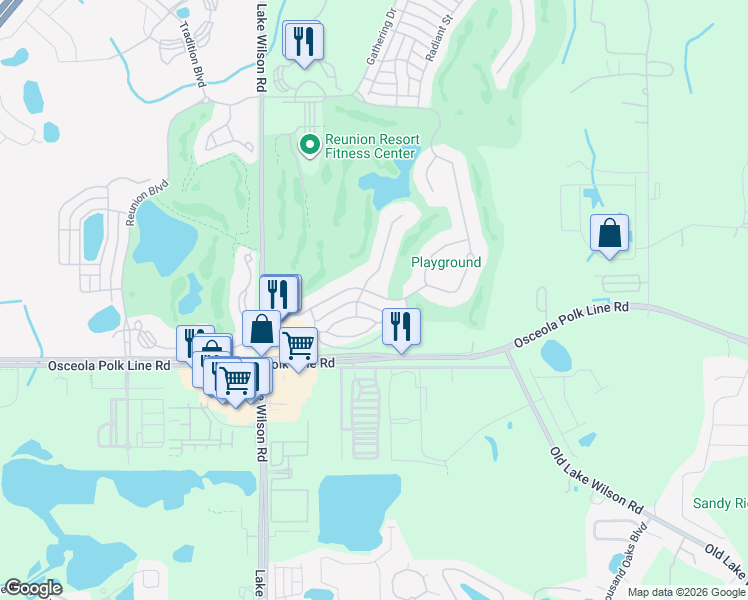 map of restaurants, bars, coffee shops, grocery stores, and more near 7503 Mourning Dove Circle in Kissimmee