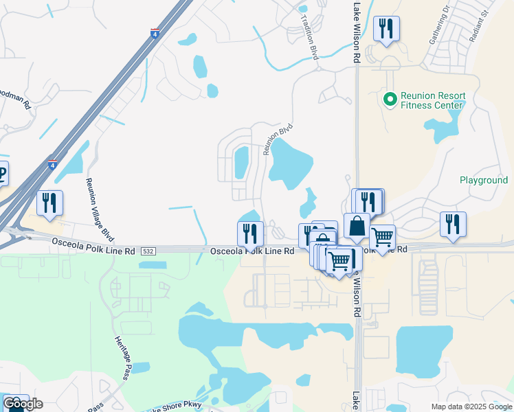 map of restaurants, bars, coffee shops, grocery stores, and more near 1472 Reunion Boulevard in Four Corners