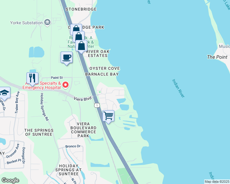 map of restaurants, bars, coffee shops, grocery stores, and more near 212 Channel Court in Rockledge