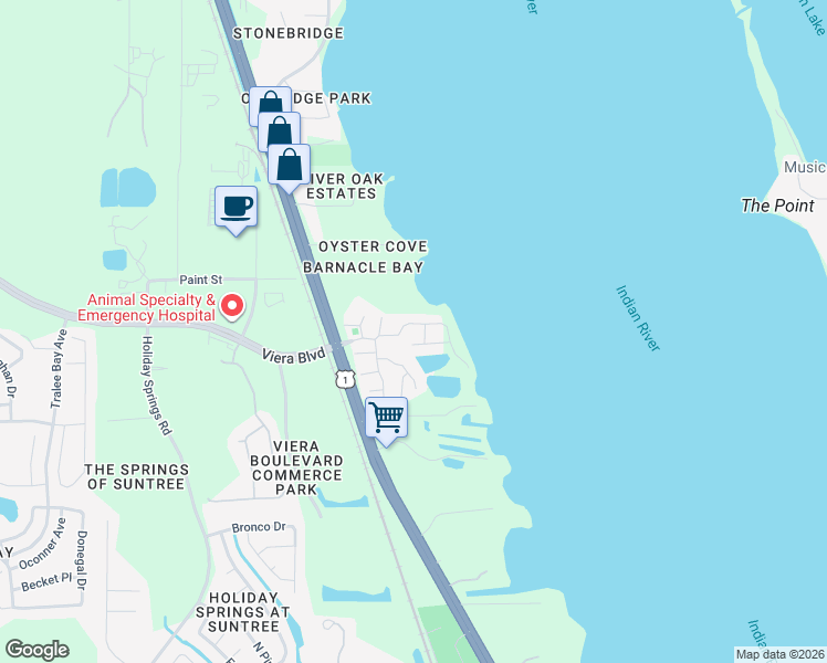map of restaurants, bars, coffee shops, grocery stores, and more near 212 Channel Court in Rockledge