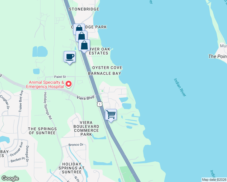map of restaurants, bars, coffee shops, grocery stores, and more near 212 Channel Court in Rockledge