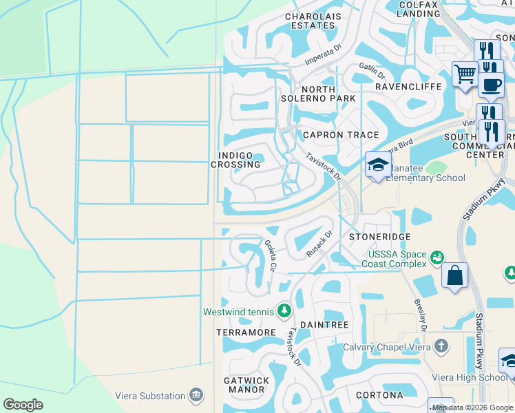 map of restaurants, bars, coffee shops, grocery stores, and more near 6157 Indigo Crossing Drive in Rockledge