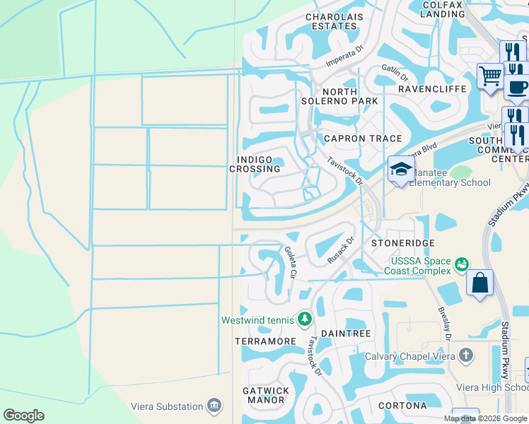 map of restaurants, bars, coffee shops, grocery stores, and more near 6157 Indigo Crossing Drive in Rockledge