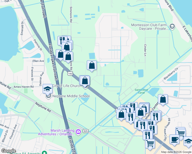 map of restaurants, bars, coffee shops, grocery stores, and more near 2926 Big Sky Boulevard in Kissimmee