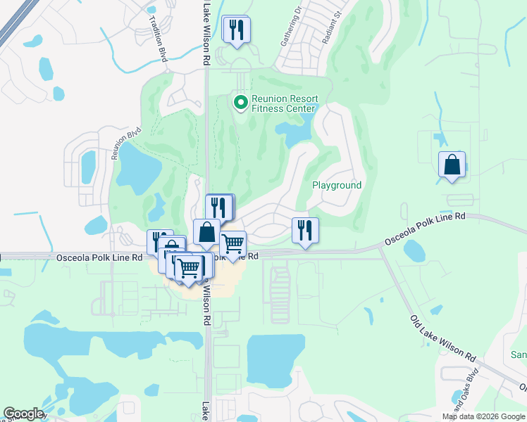 map of restaurants, bars, coffee shops, grocery stores, and more near 7503 Mourning Dove Circle in Kissimmee