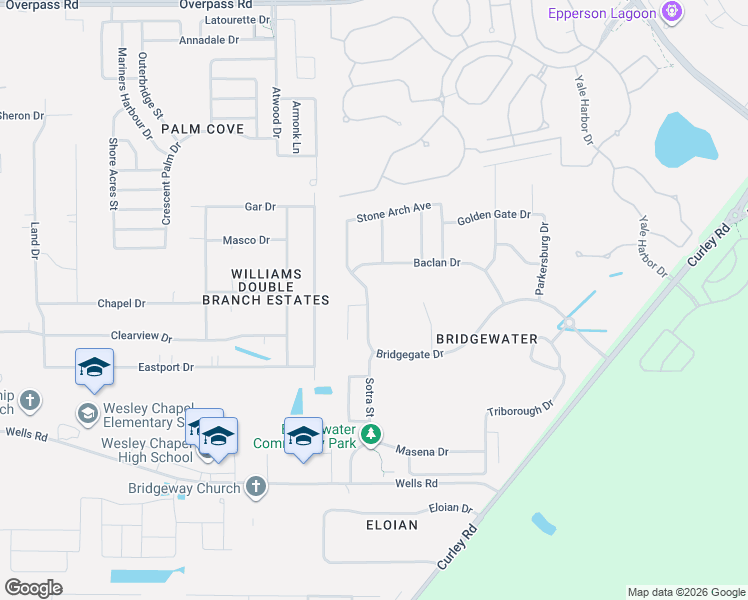 map of restaurants, bars, coffee shops, grocery stores, and more near 30853 Bridgegate Drive in Wesley Chapel