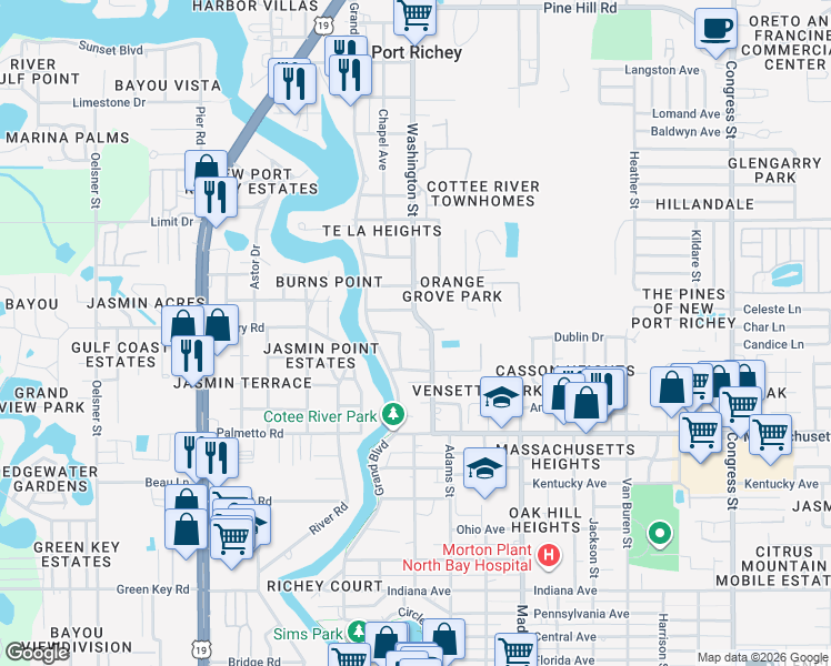 map of restaurants, bars, coffee shops, grocery stores, and more near 7143 Washington Street in New Port Richey