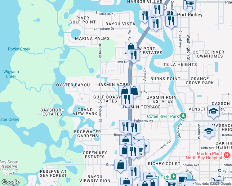 map of restaurants, bars, coffee shops, grocery stores, and more near 7149 Wedgewood Drive in New Port Richey