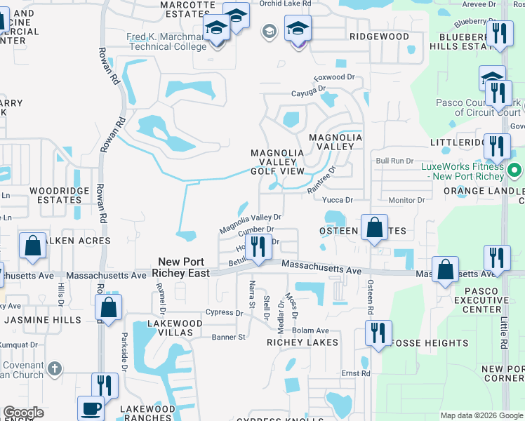 map of restaurants, bars, coffee shops, grocery stores, and more near 7218 Valley Court in New Port Richey