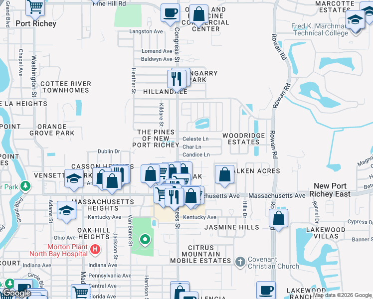 map of restaurants, bars, coffee shops, grocery stores, and more near 7154 Congress Street in New Port Richey