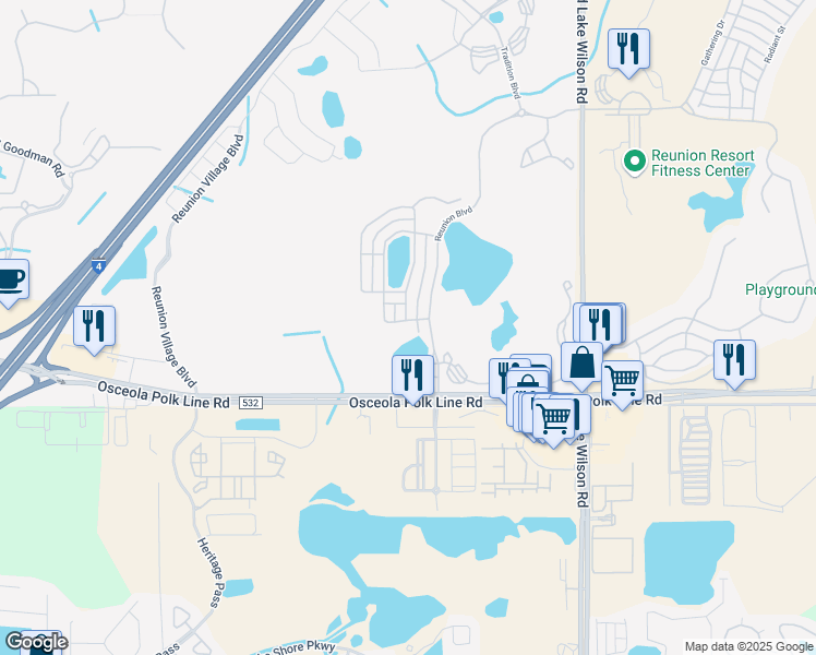 map of restaurants, bars, coffee shops, grocery stores, and more near 1472 Reunion Boulevard in Four Corners