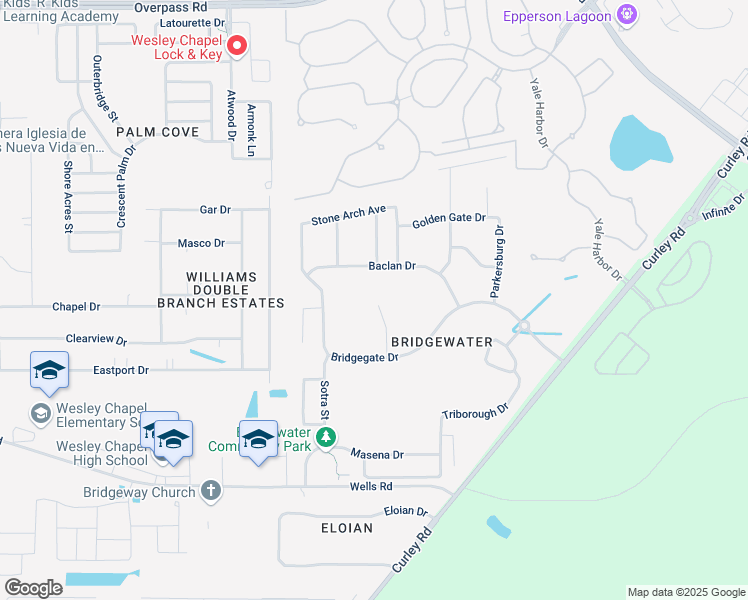 map of restaurants, bars, coffee shops, grocery stores, and more near 7209 Maysville Court in Wesley Chapel