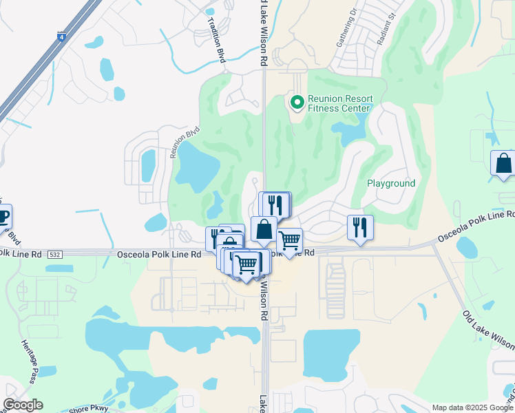 map of restaurants, bars, coffee shops, grocery stores, and more near 7640 Heritage Crossing Way in Four Corners