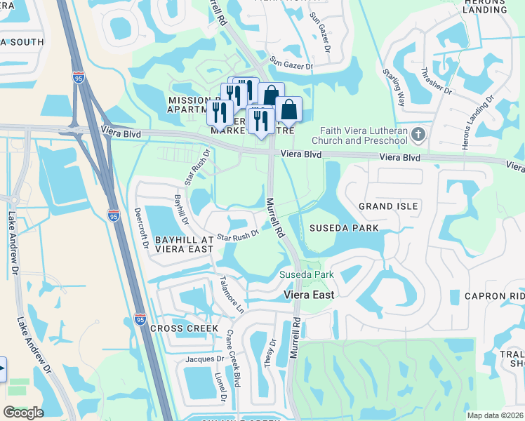 map of restaurants, bars, coffee shops, grocery stores, and more near 5694 Star Rush Drive in Melbourne