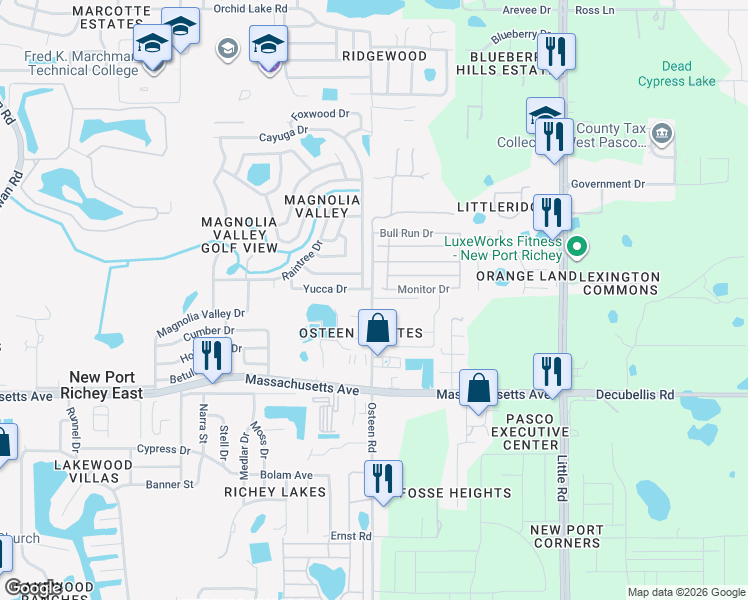 map of restaurants, bars, coffee shops, grocery stores, and more near 7220 Osteen Road in New Port Richey