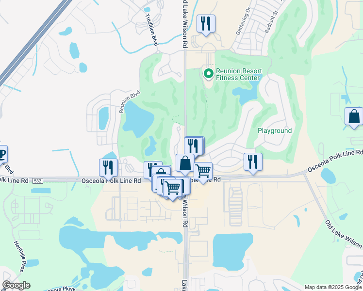 map of restaurants, bars, coffee shops, grocery stores, and more near 7625 Heritage Crossing Way in Kissimmee