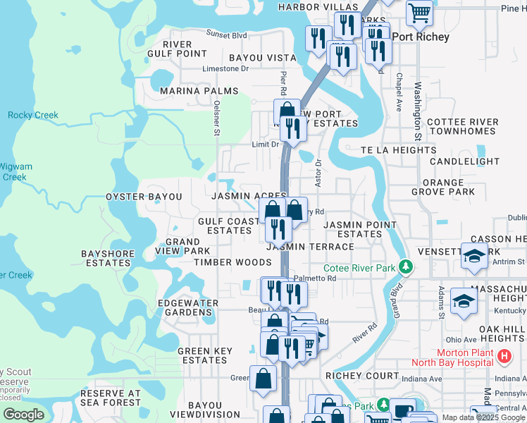 map of restaurants, bars, coffee shops, grocery stores, and more near 5064 Royal Palm Drive in New Port Richey