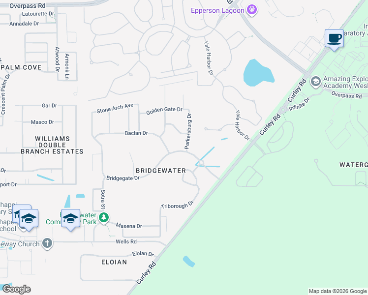 map of restaurants, bars, coffee shops, grocery stores, and more near 31421 Bridgegate Drive in Wesley Chapel