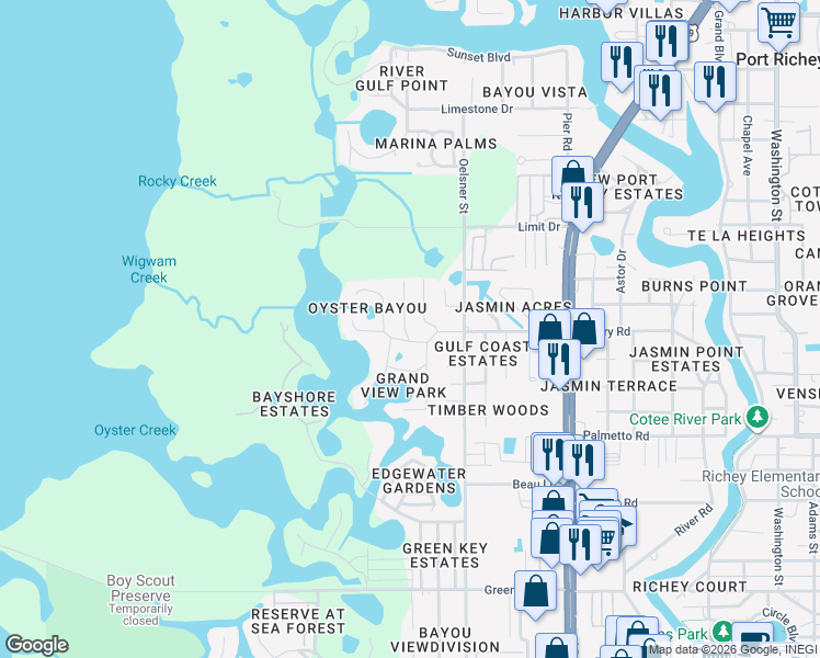map of restaurants, bars, coffee shops, grocery stores, and more near 7232 Dianne Drive in New Port Richey