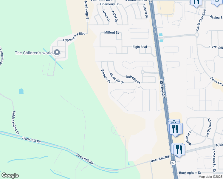 map of restaurants, bars, coffee shops, grocery stores, and more near 141 Barbera Drive in Davenport
