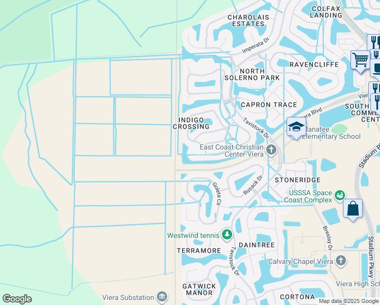 map of restaurants, bars, coffee shops, grocery stores, and more near 6196 Indigo Crossing Drive in Rockledge