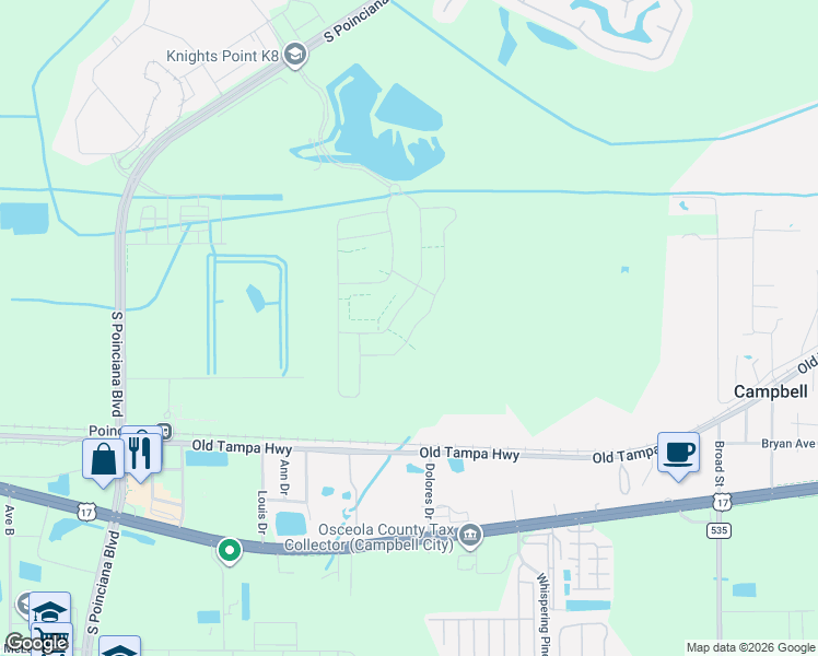 map of restaurants, bars, coffee shops, grocery stores, and more near South Rail Avenue in Kissimmee